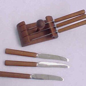 Teak & Stainless Steel Bread Knives & Holder